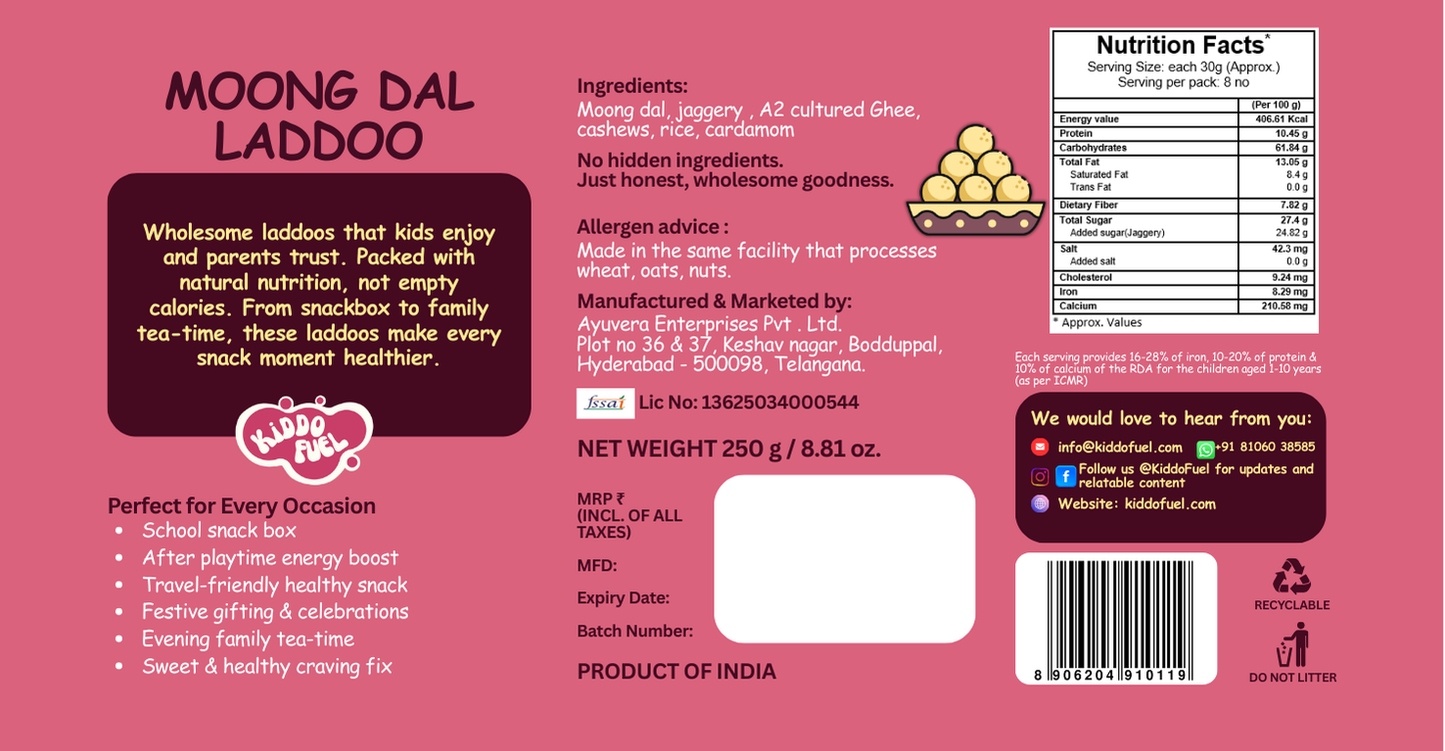 Nutritional facts for Moong Dal Ladoo: Rich in plant-based protein, dietary fiber, and healthy fats