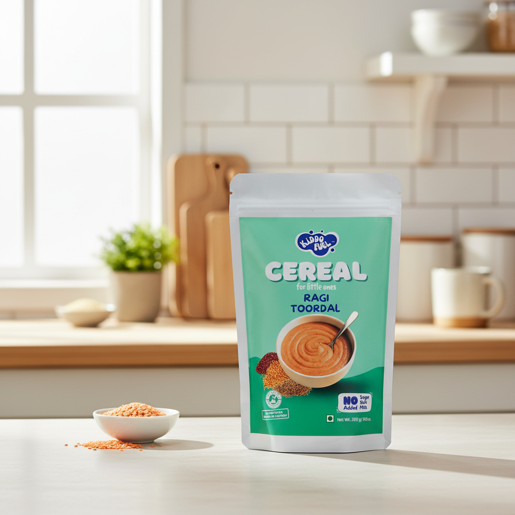 Kiddo Fuel Ragi Toordal Cereal packaging - no salt, no sugar, no preservatives, made in India