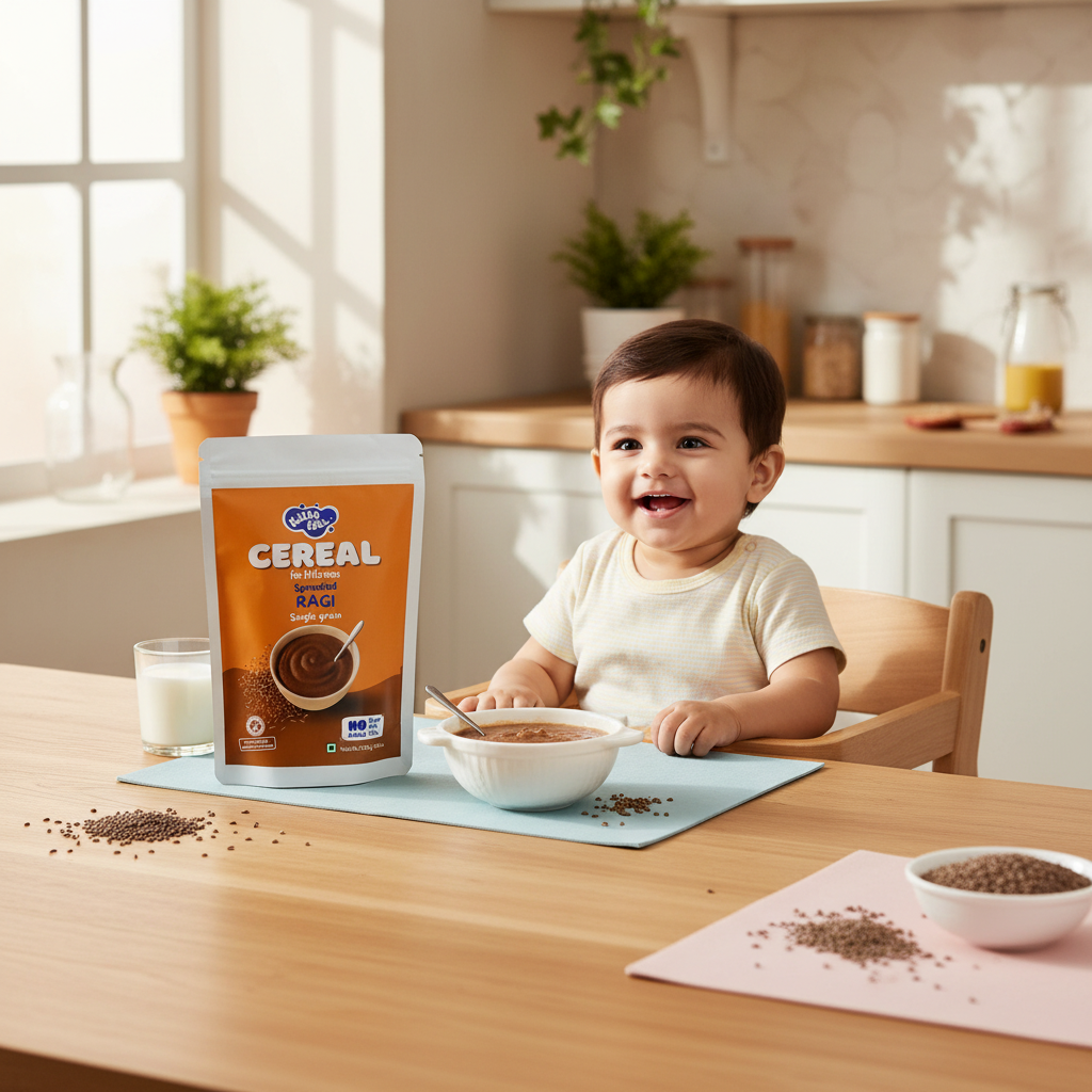 Kiddo Fuel Sprouted Ragi Cereal packaging - no preservatives, no added sugar, made in India