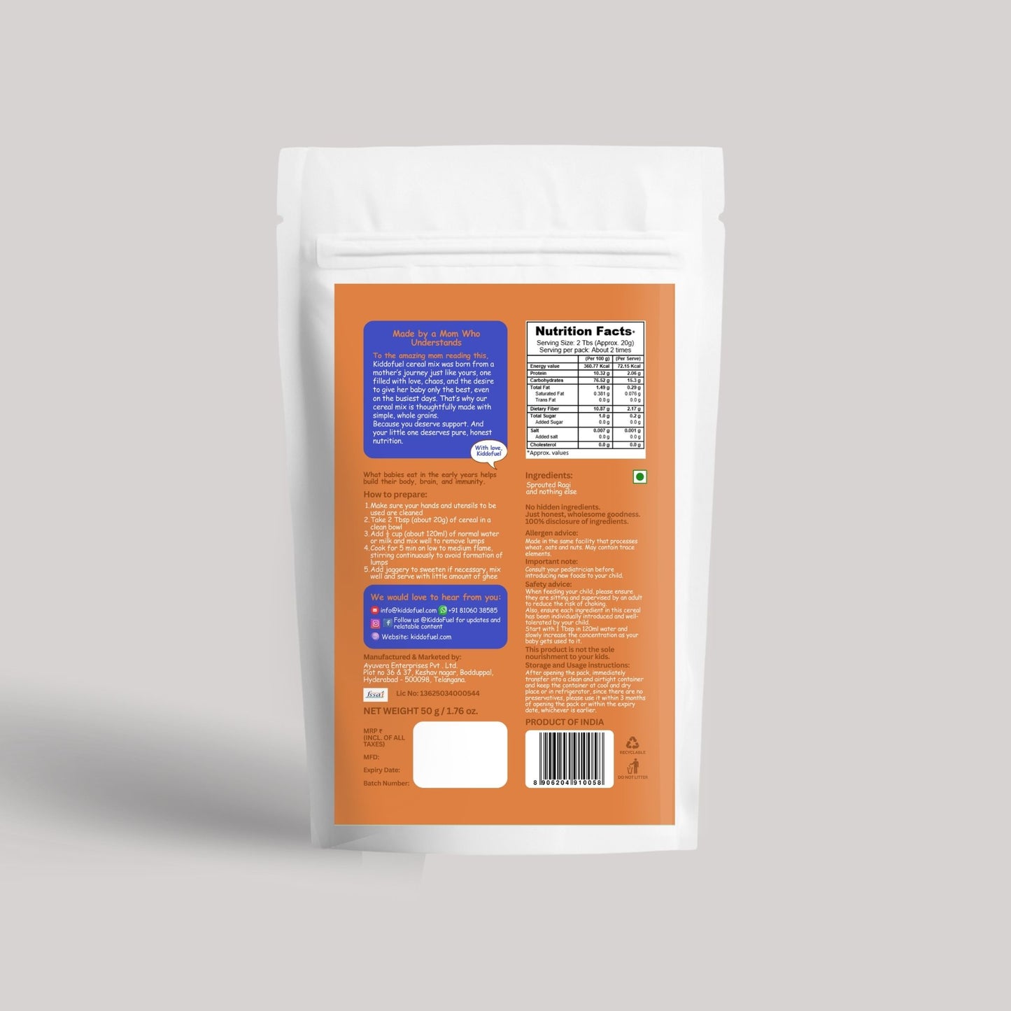 Kiddo Fuel Sprouted Ragi Cereal pouch for babies 6 months and above. Natural, preservative-free infant food made with 100% sprouted ragi.