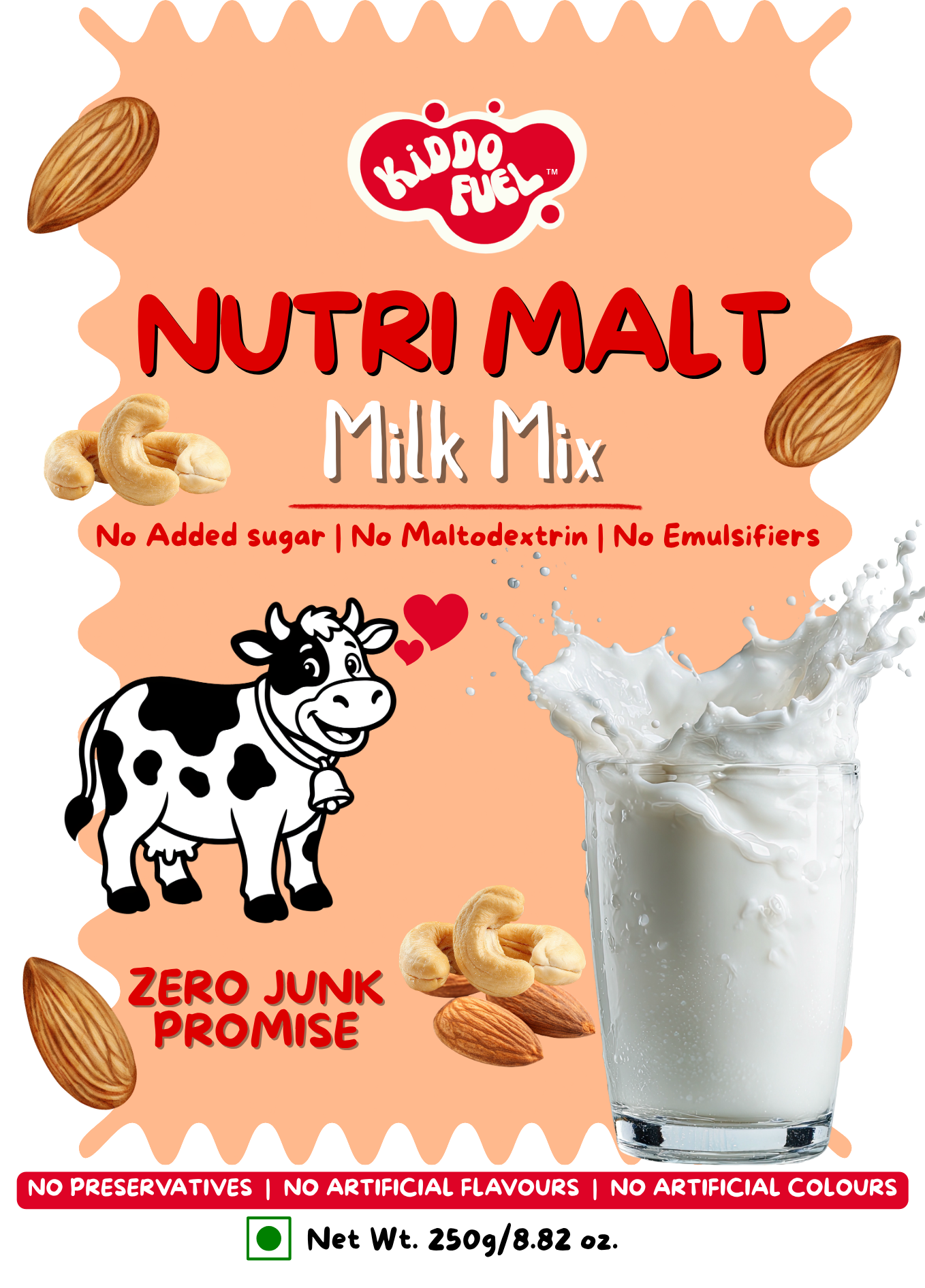 Nutri Malt Milk Mix for Kids (No Added Sugar, No Maltodextrin) | Healthy Homemade Style Drink Mix with Nuts & Sprouted Grains | 250g