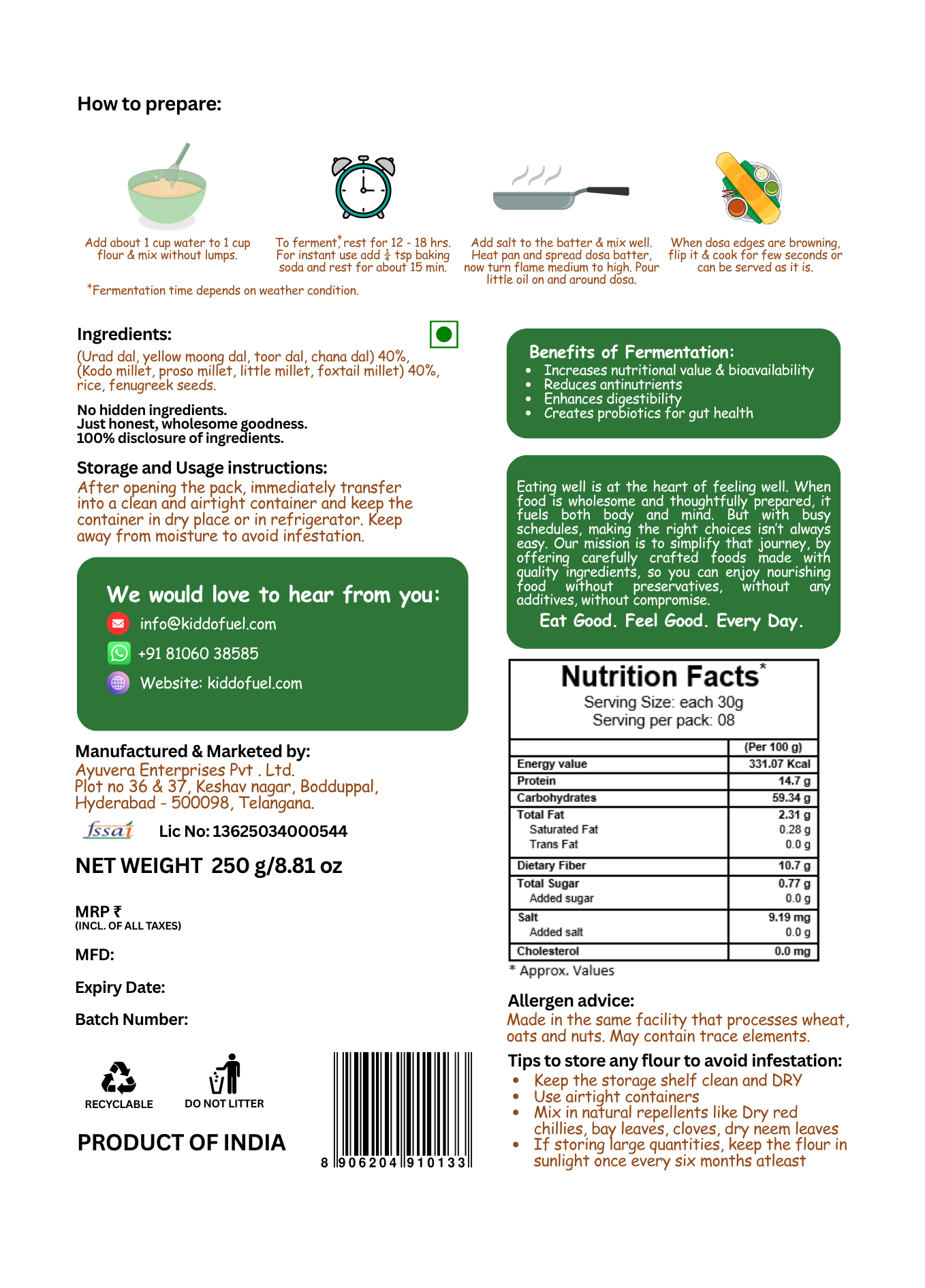 Multi Millet Dosa Mix | Eat Good Feel Good by Kiddo Fuel | 250g