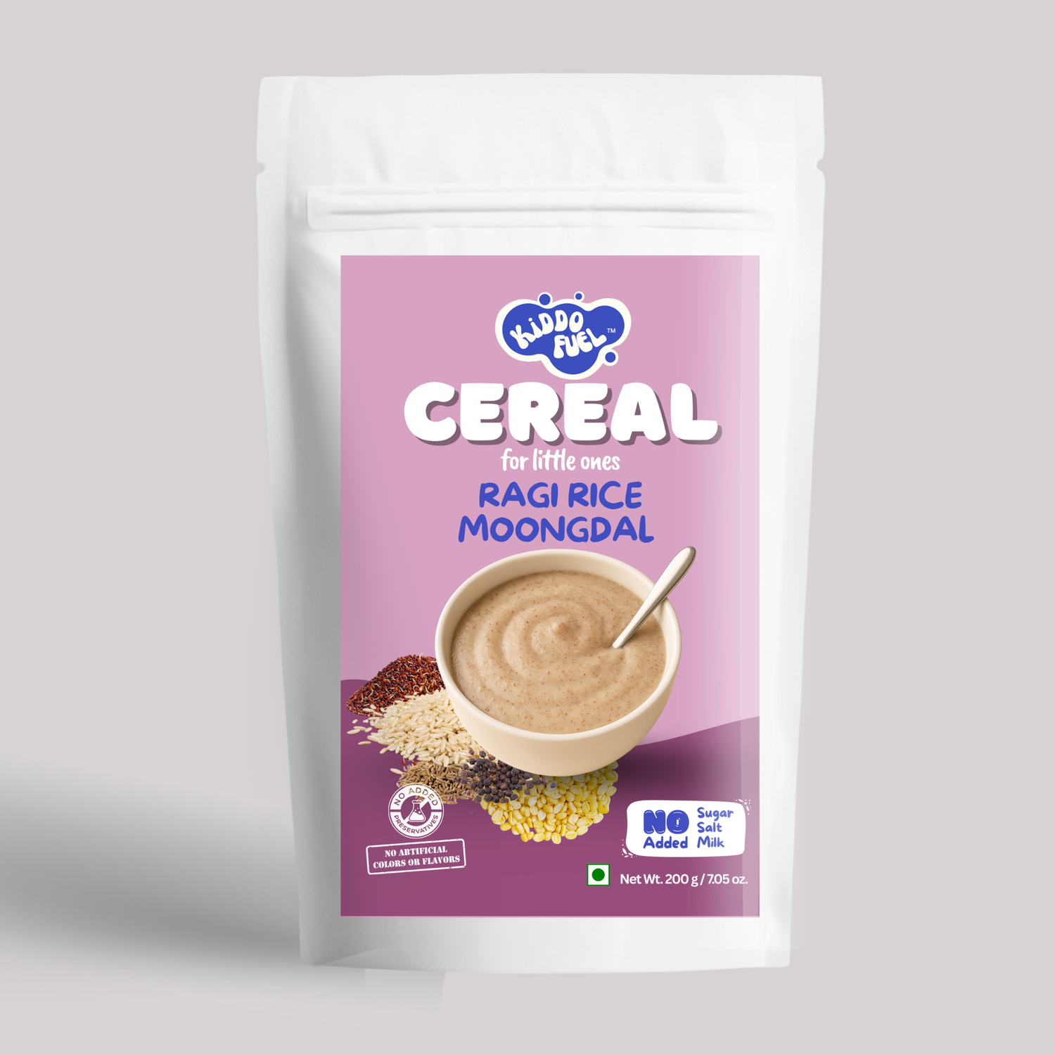 Kiddo Fuel Ragi Rice Moongdal Cereal pouch for babies 9+ months. Stage 3 weaning mix with ragi, rice, moongdal, cumin, and pepper