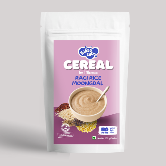 Kiddo Fuel Ragi Rice Moongdal Cereal pouch for babies 9+ months. Stage 3 weaning mix with ragi, rice, moongdal, cumin, and pepper