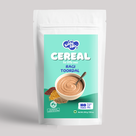Kiddo Fuel Ragi Toordal Cereal pouch for babies 8 months and above. Stage 2 weaning blend with sprouted ragi, toordal, and cumin.