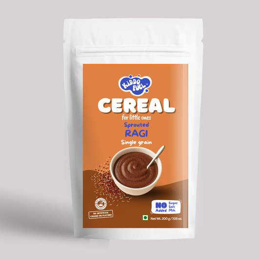 Kiddo Fuel Sprouted Ragi Cereal pouch for babies 6 months and above. Natural, preservative-free infant food made with 100% sprouted ragi.