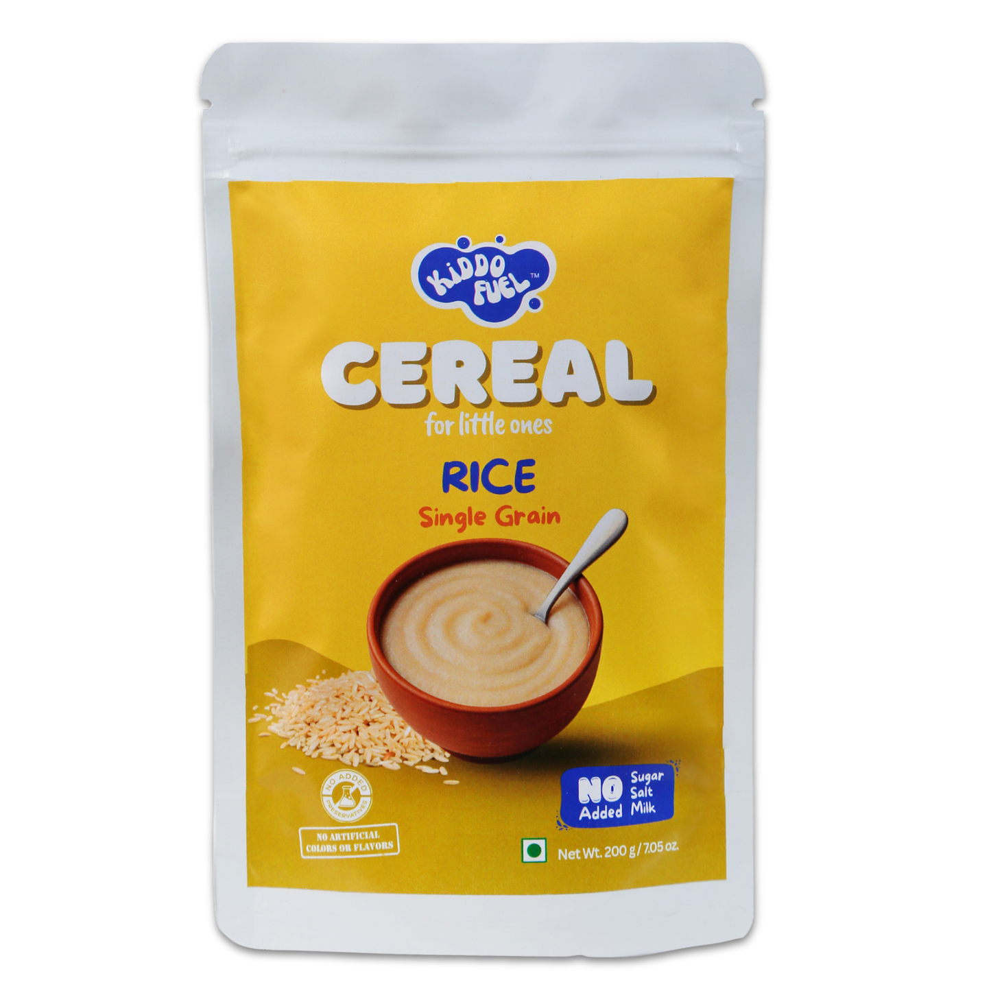 Kiddo Fuel Rice Cereal pouch for babies 6 months and above. Smooth, easy-to-digest cereal made from 100% rice with no preservatives.