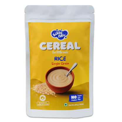 Kiddo Fuel Rice Cereal pouch for babies 6 months and above. Smooth, easy-to-digest cereal made from 100% rice with no preservatives.