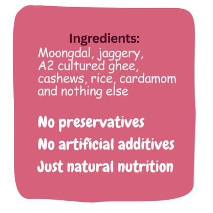 Natural ingredients for Moongdal Ladoo: Yellow Moongdal, Jaggery, A2 Cultured Ghee, Rice, Cashews, and Cardamom