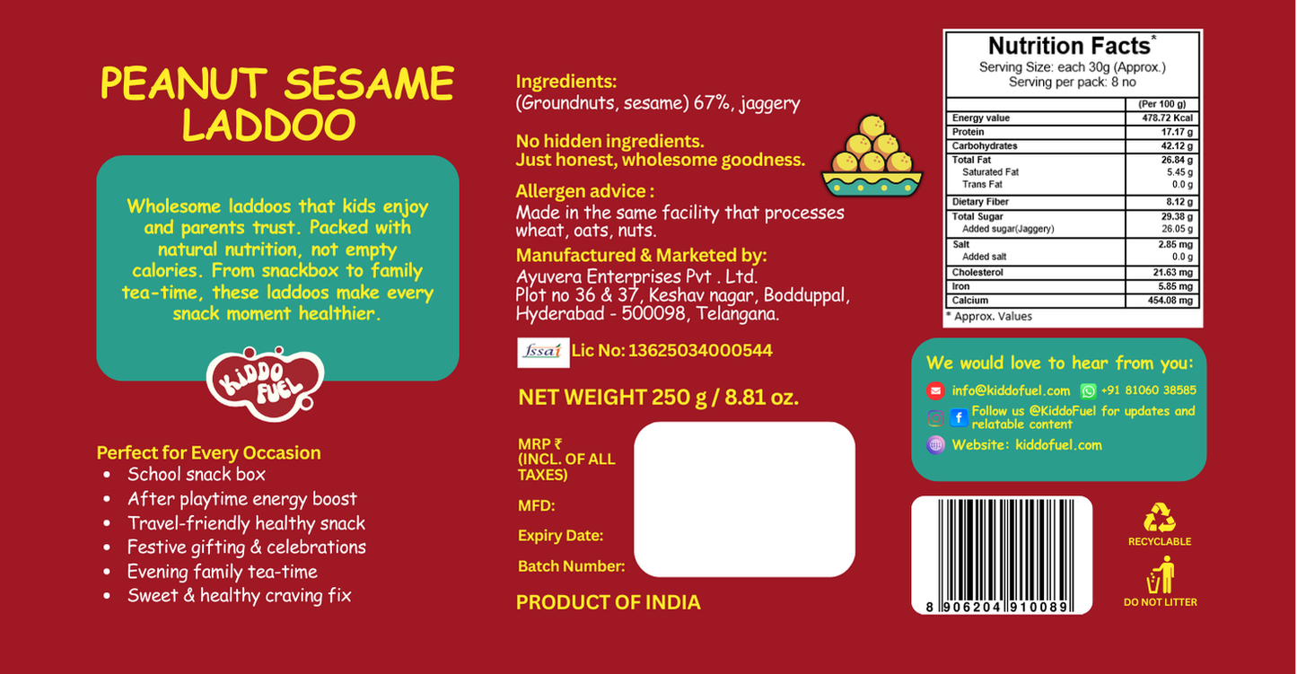 Kiddo Fuel Clean Label: 100% natural peanut sesame snack with no preservatives, no liquid glucose, and no palm oil