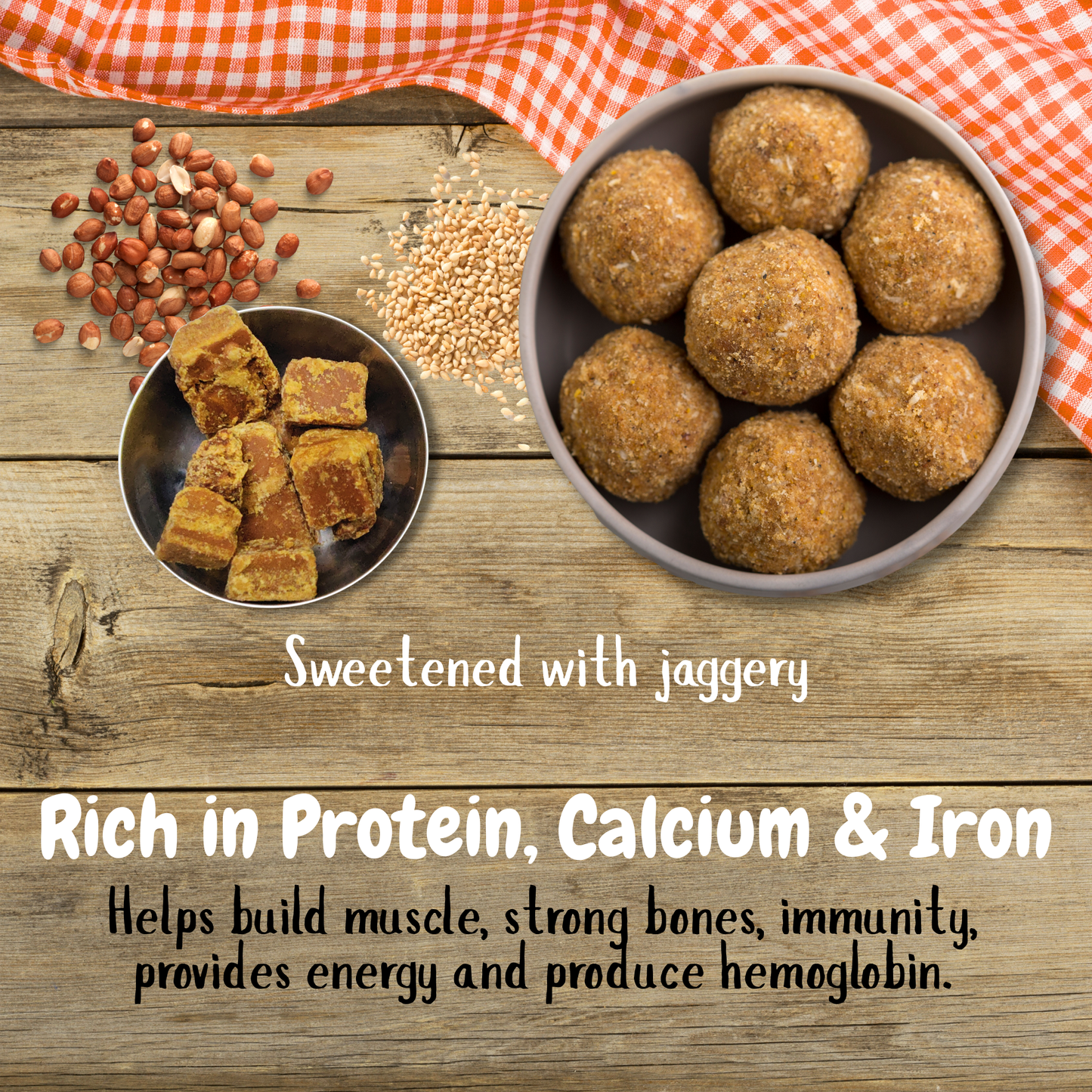 Health benefits of Peanut Sesame Ladoo: High protein for muscle growth, healthy fats for brain development, and calcium-rich sesame