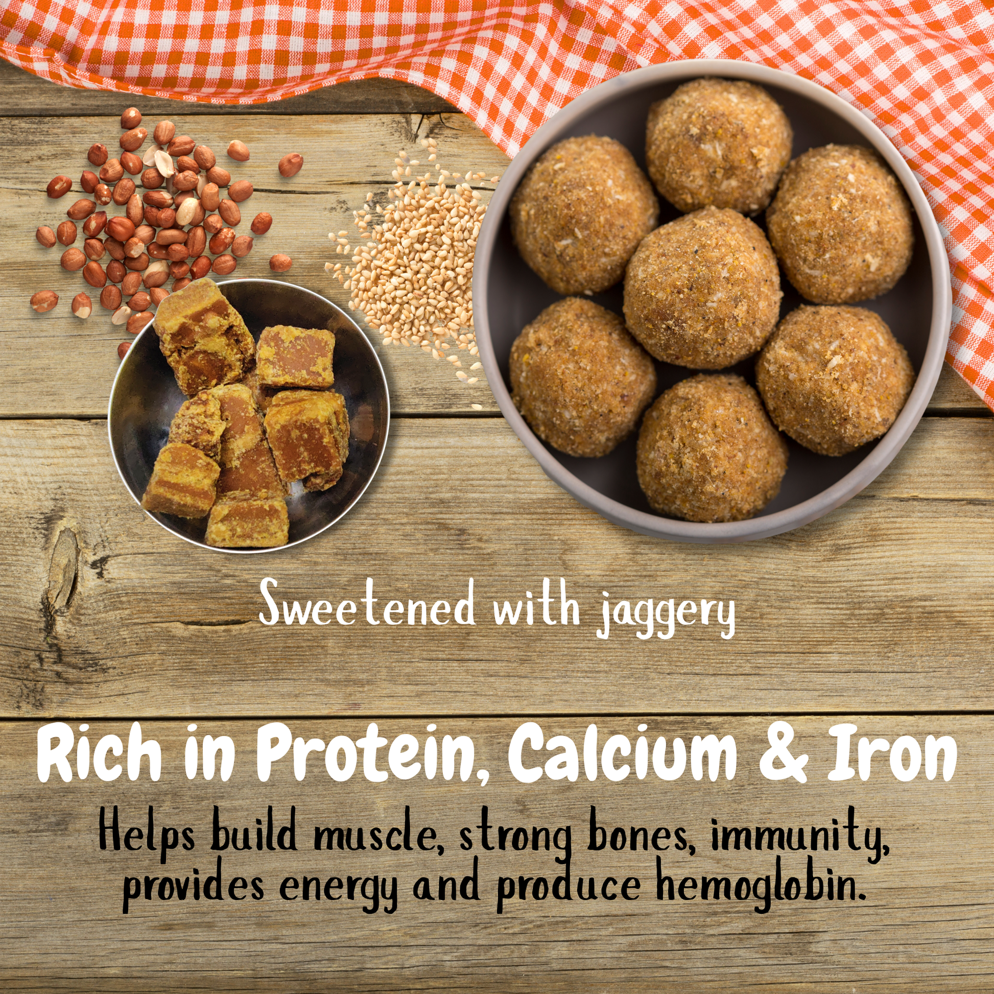 Health benefits of Peanut Sesame Ladoo: High protein for muscle growth, healthy fats for brain development, and calcium-rich sesame