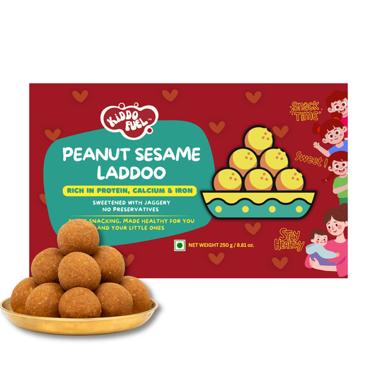 Kiddo Fuel Peanut Sesame Laddoo made with roasted peanuts, sesame seeds, and organic jaggery - Healthy protein snack for kids