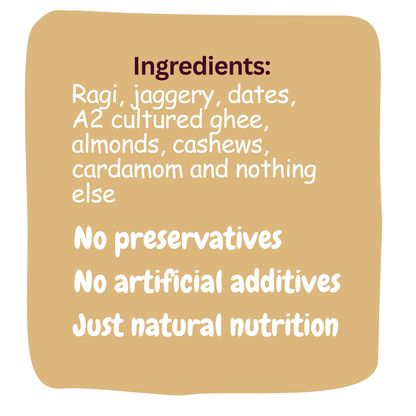 Natural ingredients for Ragi Choco Laddu: Finger millet, almonds, cashews, cocoa, and A2 cultured ghee