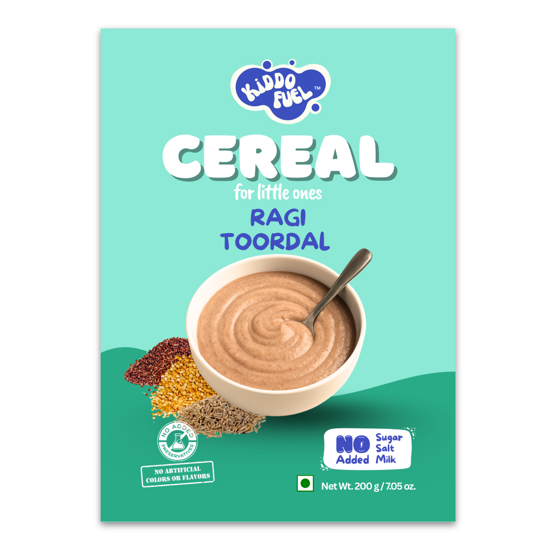 Kiddo Fuel Ragi Toordal Cereal 200g pack - Stage 2 baby food with sprouted ragi, toordal and cumin