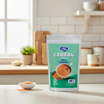 Kiddo Fuel Ragi Toordal Cereal packaging - no salt, no sugar, no preservatives, made in India