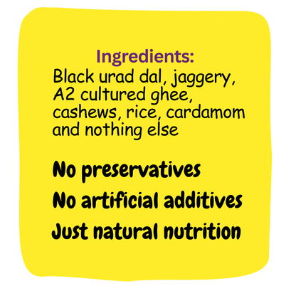 Natural ingredients for Sunnundalu: Black Urad Dal, Jaggery, A2 Cultured Ghee, Rice, and Cashews