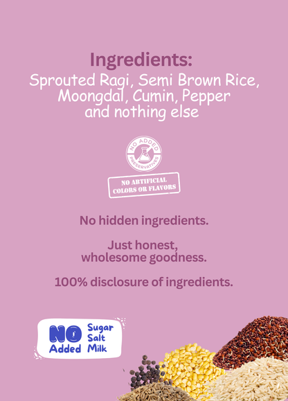 Kiddo Fuel Ragi Rice Moongdal Cereal pouch for babies 9+ months. Stage 3 weaning mix with ragi, rice, moongdal, cumin, and pepper with a right balance of calcium, protein, iron and vitamin b12.
