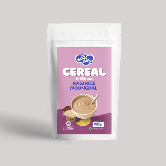 Kiddo Fuel Ragi Rice Moongdal Cereal pouch for babies 9+ months. Stage 3 weaning mix with ragi, rice, moongdal, cumin, and pepper.