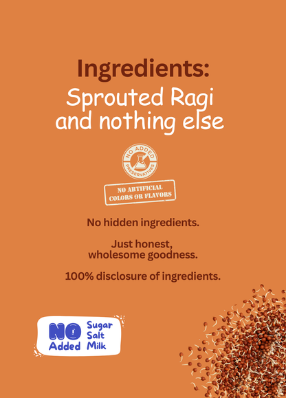 Kiddo Fuel Sprouted Ragi Cereal pouch for babies 6 months and above. Natural, preservative-free infant food made with 100% sprouted ragi. Ragi is rich in calcium and iron.