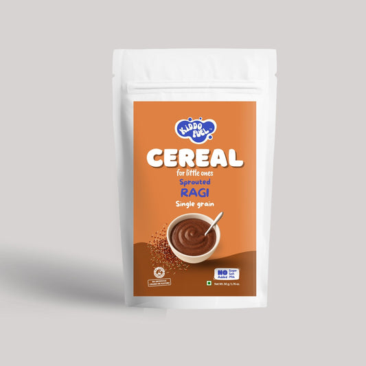 Kiddo Fuel Sprouted Ragi Cereal pouch for babies 6 months and above. Natural, preservative-free infant food made with 100% sprouted ragi.