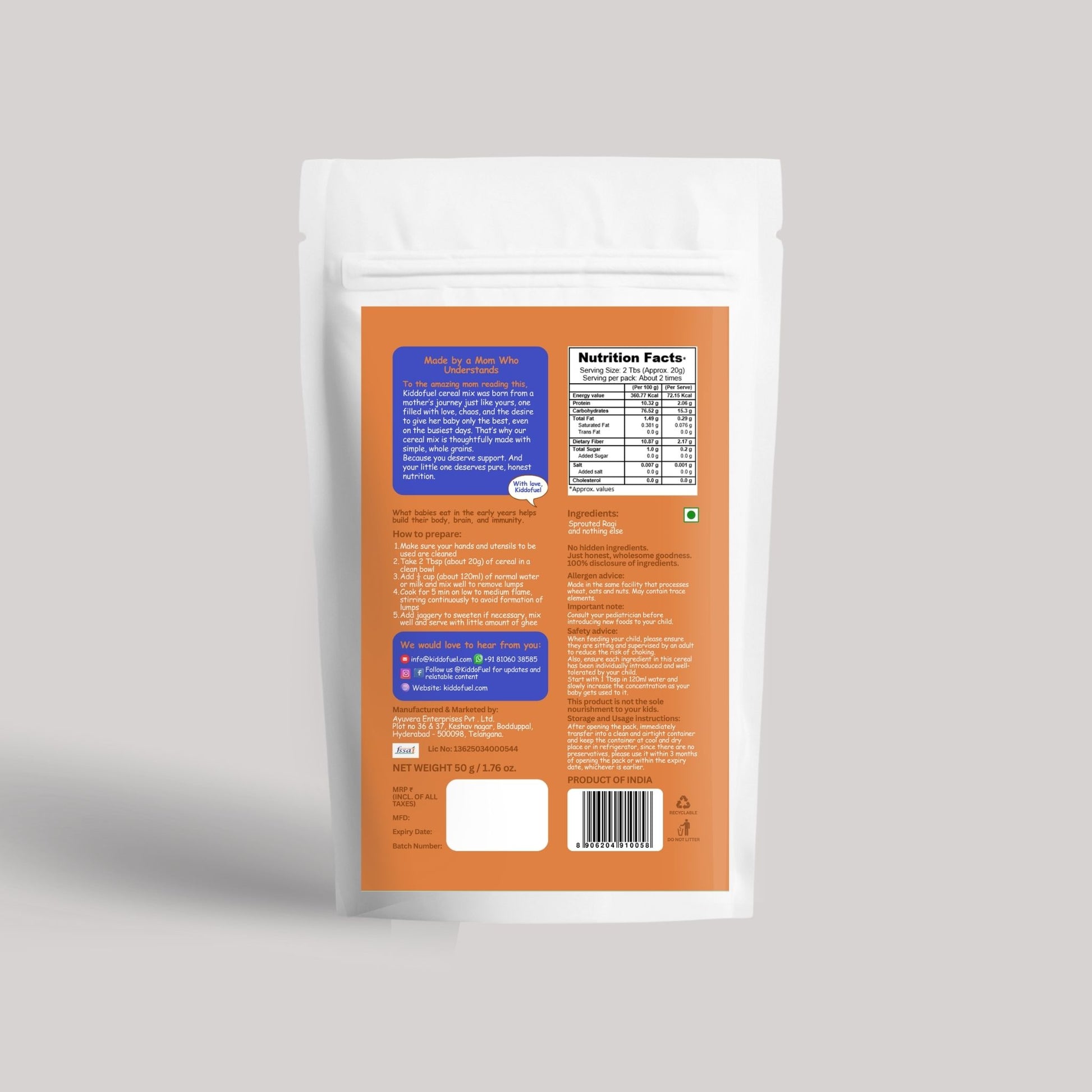 Kiddo Fuel Sprouted Ragi Cereal pouch for babies 6 months and above. Natural, preservative-free infant food made with 100% sprouted ragi.